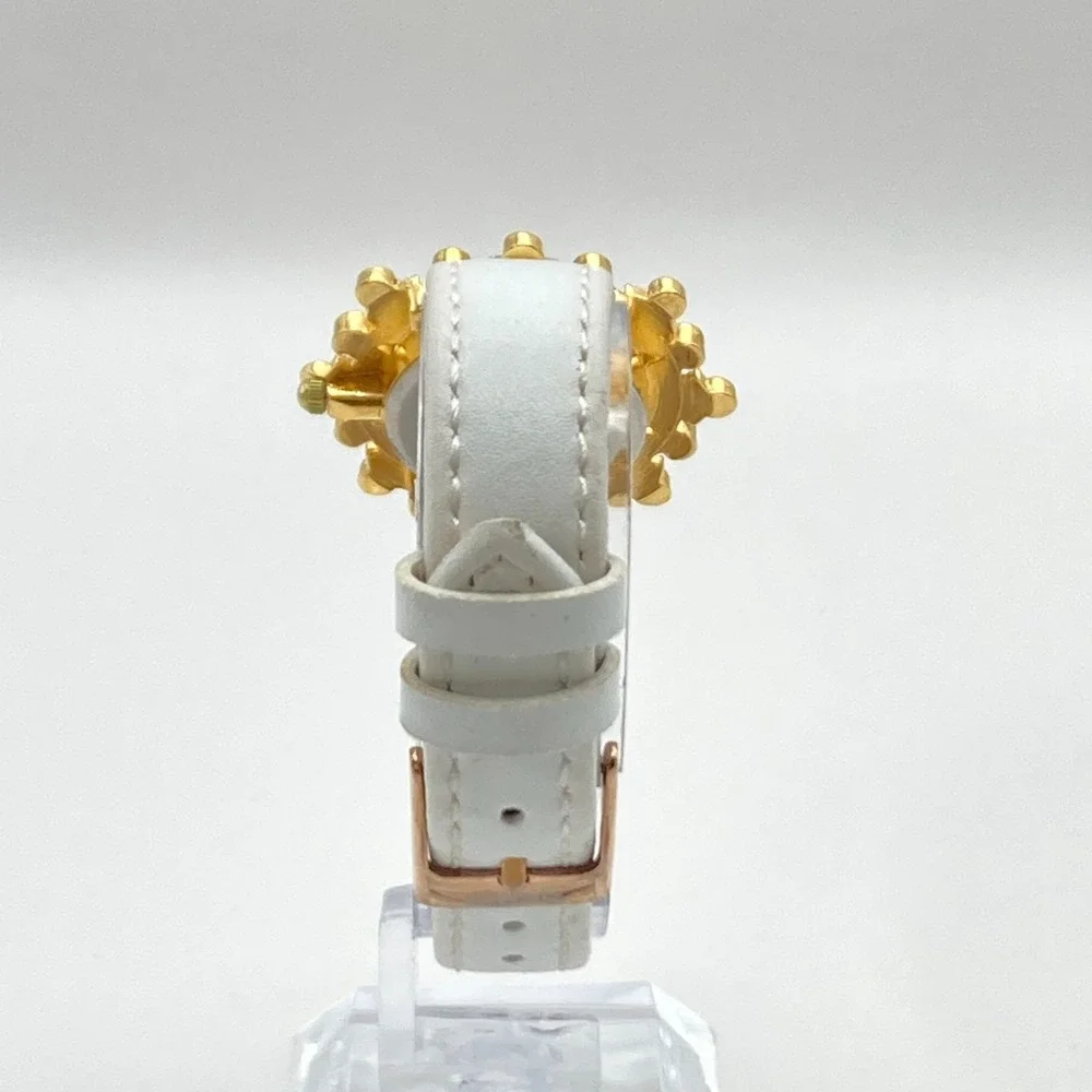 Avon Women's Watch Gold Tone Crystals Bling 35mm White Leather New Battery 7.75